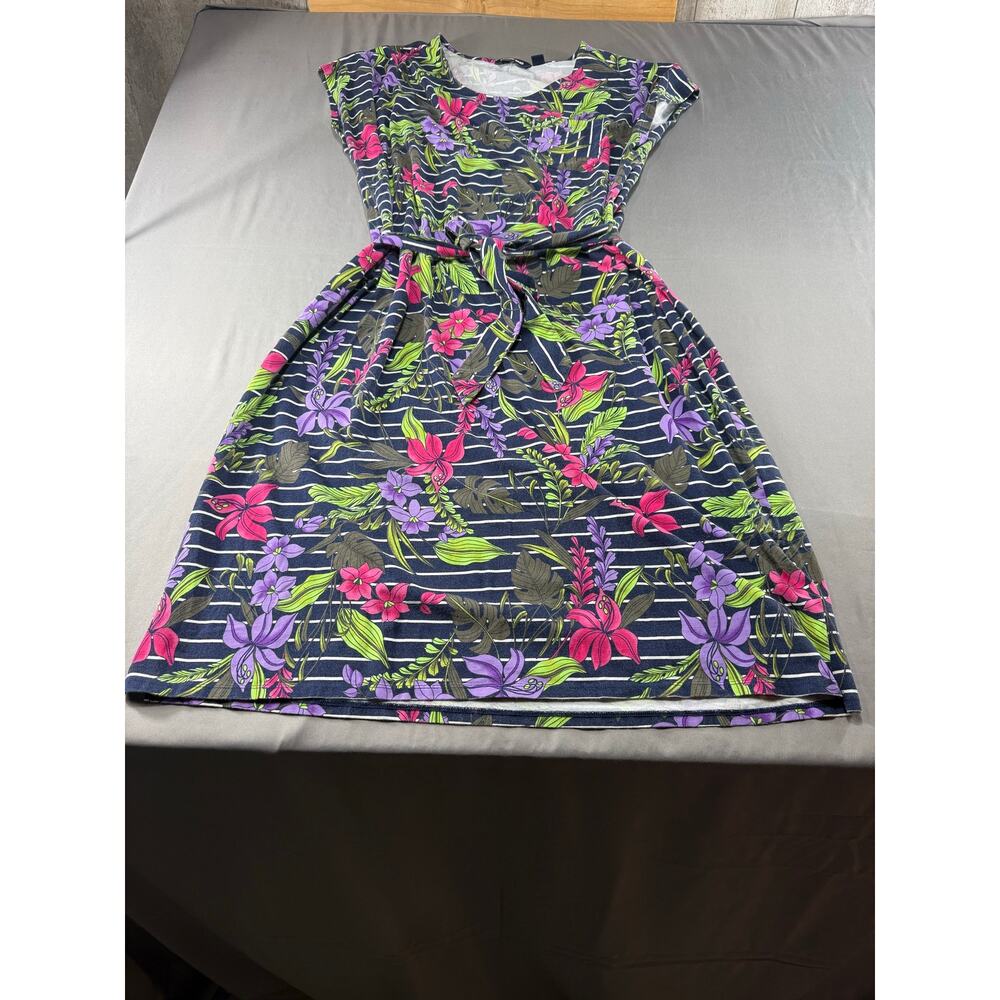 Tropical Floral Stripe Fit & Flare Dress Tie Waist Short Sleeve Sundress 1X